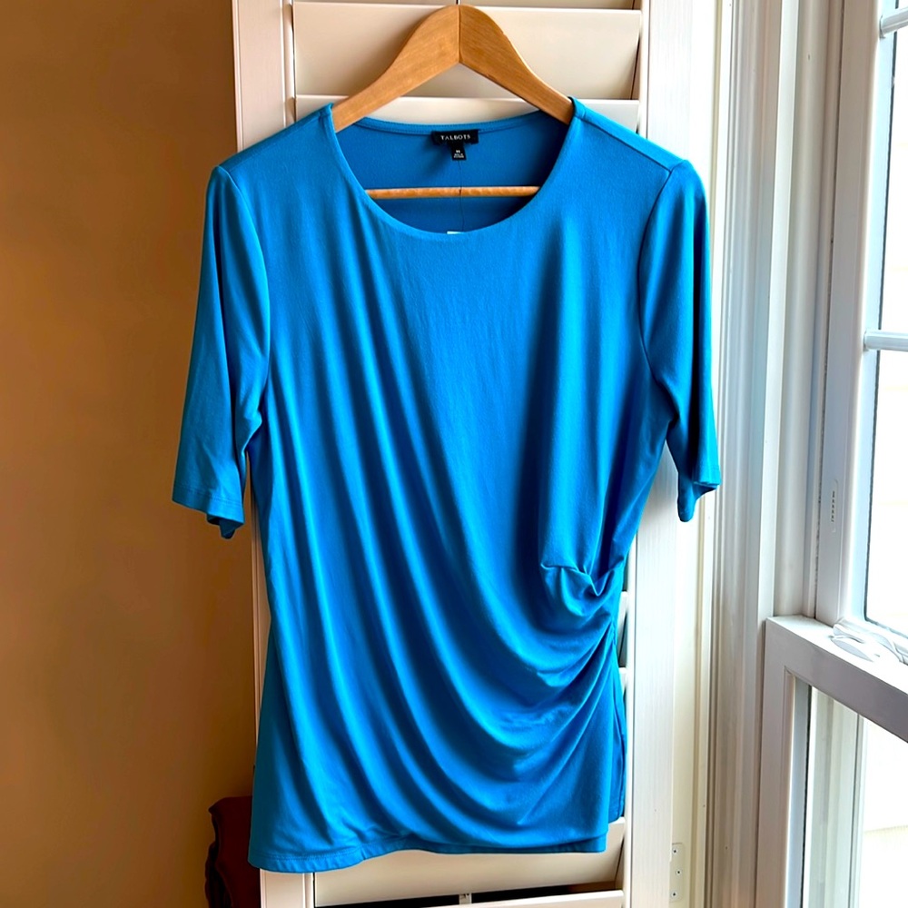 NWT Talbots Stretch Shirred Drape SS Round Neck Blouse M